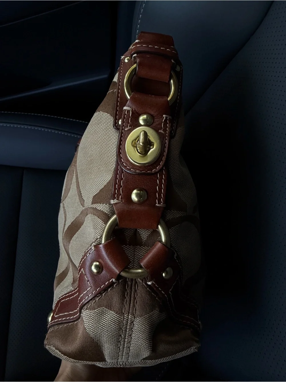 Coach Carly Signature Brown Khaki Jacquard Leather Shoulder Bag Y2K Boho